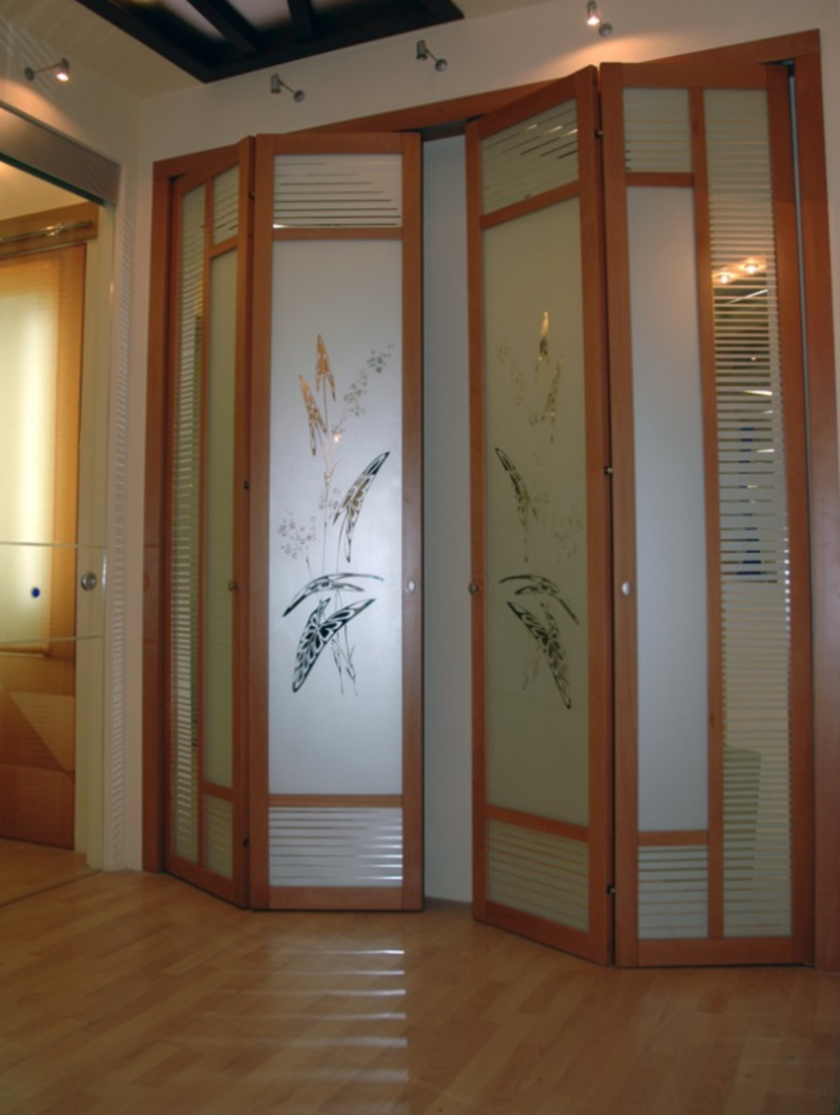 Широкие двери гармошка с матовым стеклом и рисунком Вологда